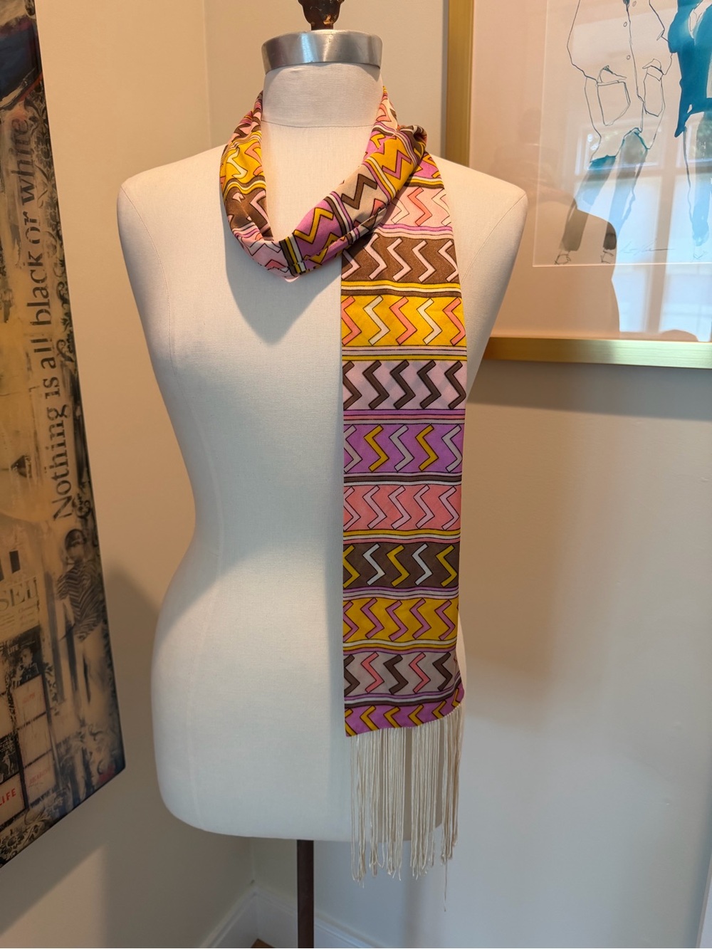 Symphony Pink Yellow Brown Geometric Fringe Silk Scarf